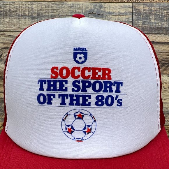 80s Soccer Logo Mens Trucker Hat Red Snapback Throwback Advertisement Ball Cap - Picture 2 of 7